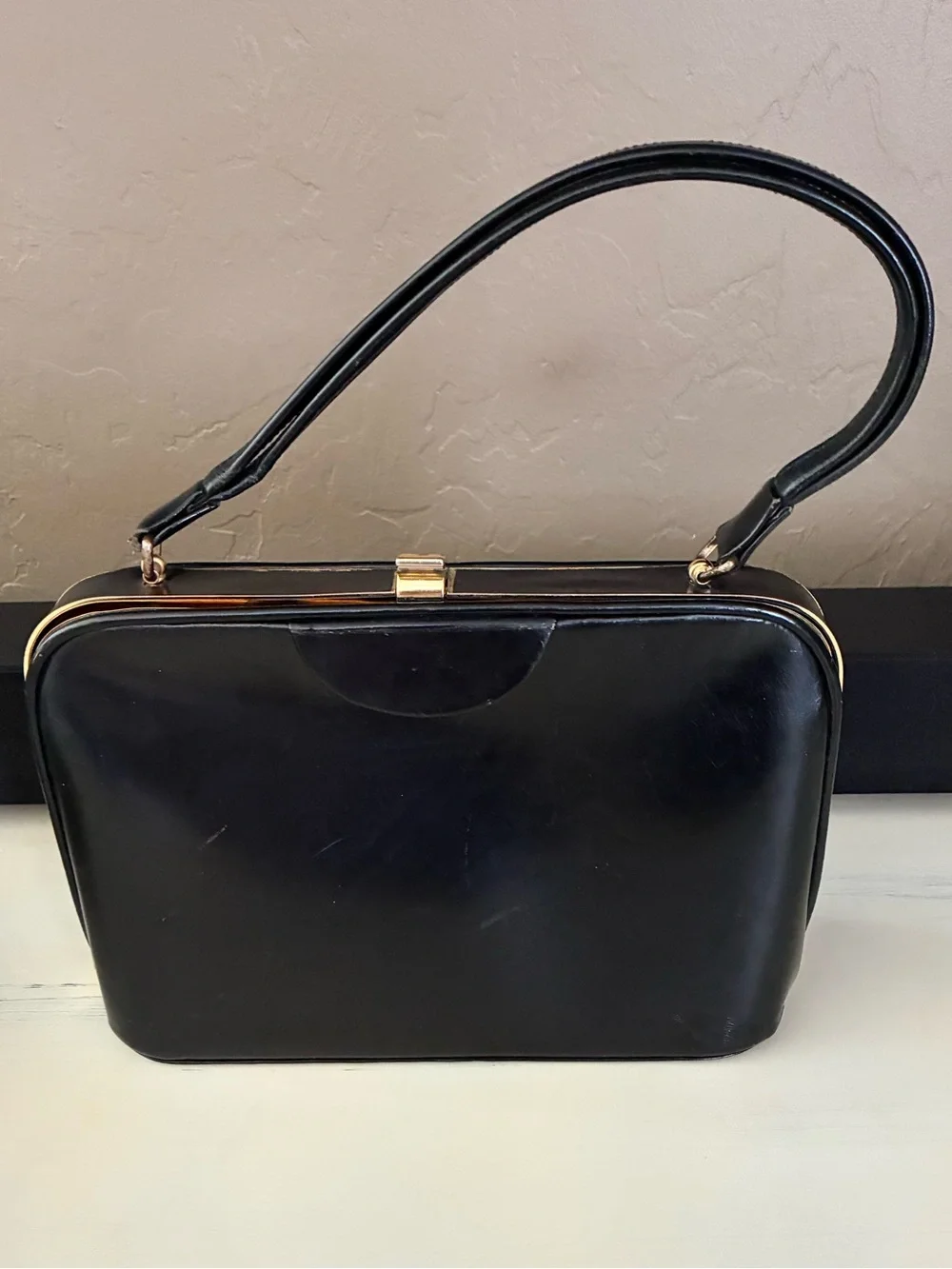 Vintage Black Genuine Leather Double Handle Frame Handbag | Made in England